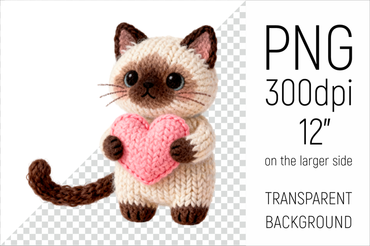 Knitted Siamese Cat with Heart | Amigurumi Cat Clipart