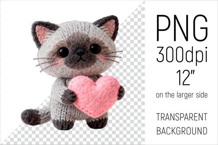 Knitted Siamese Cat with Heart | Amigurumi Cat Clipart