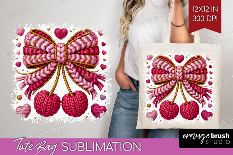 Knitted Valentines Day Tote Bag - Faux Yarn Tote Bag PNG