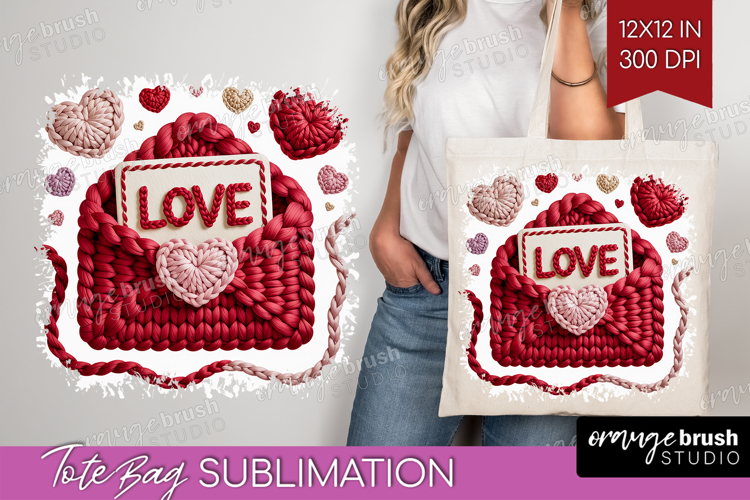 Knitted Valentines Day Tote Bag - Faux Yarn Tote Bag PNG