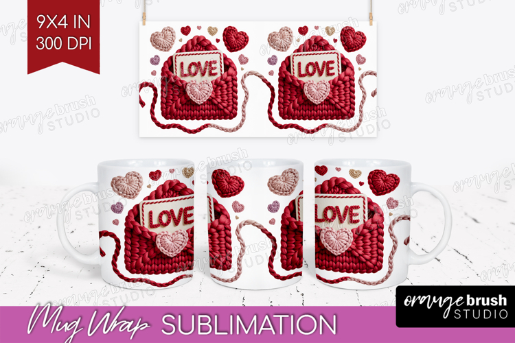 Knitted Valentines Day Mug Wrap - Faux Yarn Mug PNG