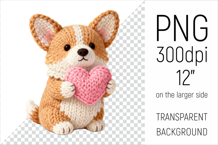 Knitted Valentine Corgi Dog with Heart | Amigurumi Clipart