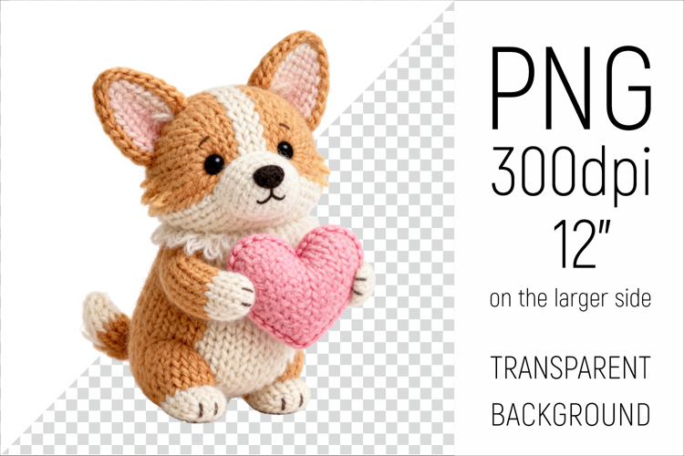 Knitted Valentine Corgi Dog with Heart | Amigurumi Clipart