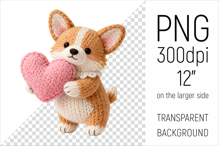 Knitted Valentine Corgi Dog with Heart | Amigurumi Clipart