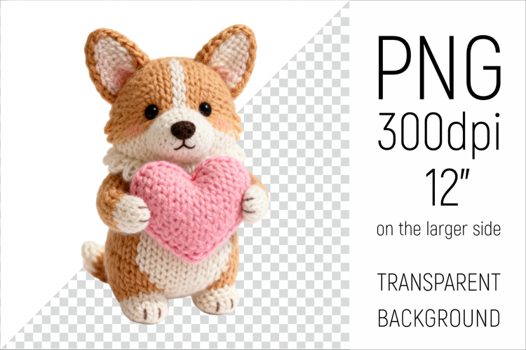 Knitted Valentine Corgi Dog with Heart | Amigurumi Clipart