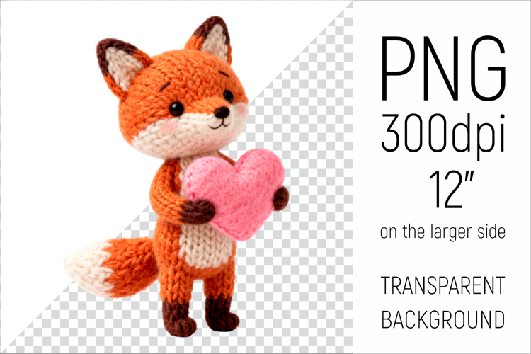 Knitted Valentine Fox with Heart | Amigurumi Fox Clipart