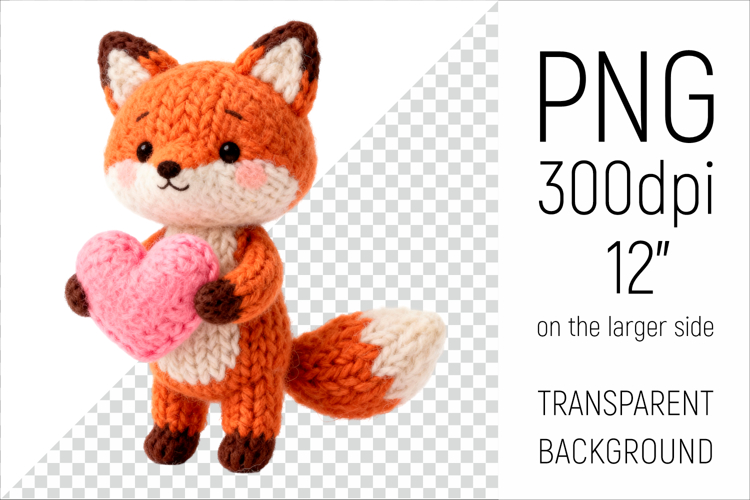 Knitted Valentine Fox with Heart | Amigurumi Fox Clipart