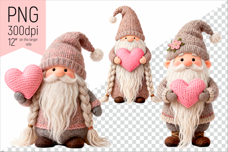 Knitted Valentine Gnomes with Hearts | Love Gnome Clipart