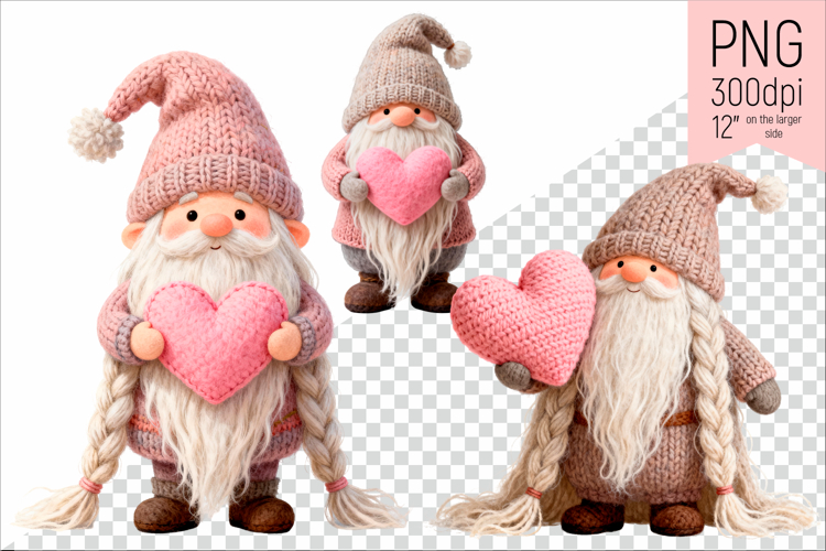 Knitted Valentine Gnomes with Hearts | Love Gnome Clipart