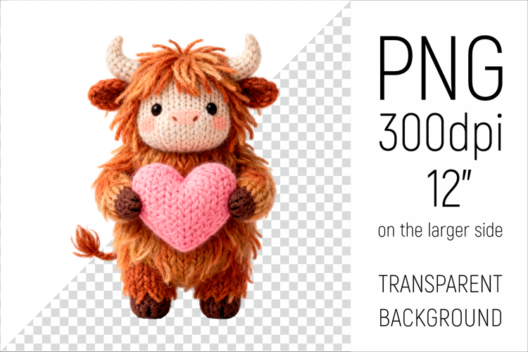 Knitted Highland Cow with Heart | Valentine Clipart