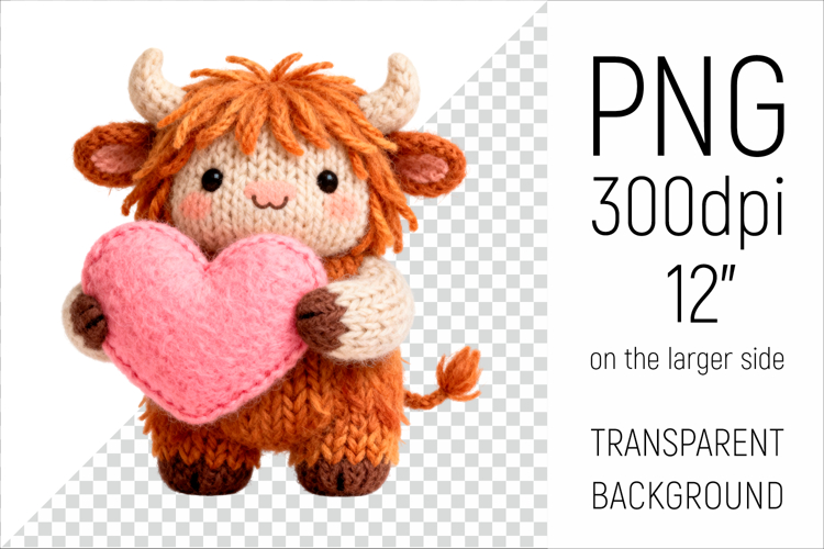 Knitted Highland Cow with Heart | Valentine Clipart