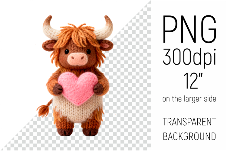 Knitted Highland Cow with Heart | Valentine Clipart
