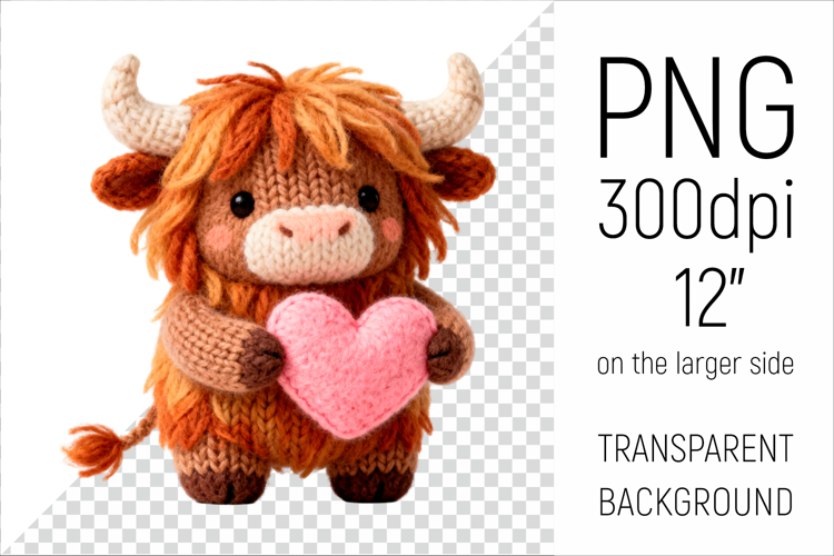 Knitted Highland Cow with Heart | Valentine Clipart