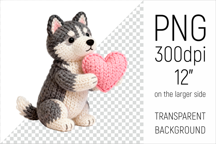 Knitted Valentine Husky Dog with Heart | Amigurumi Clipart