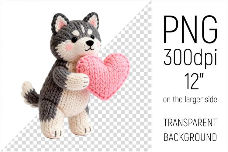 Knitted Valentine Husky Dog with Heart | Amigurumi Clipart