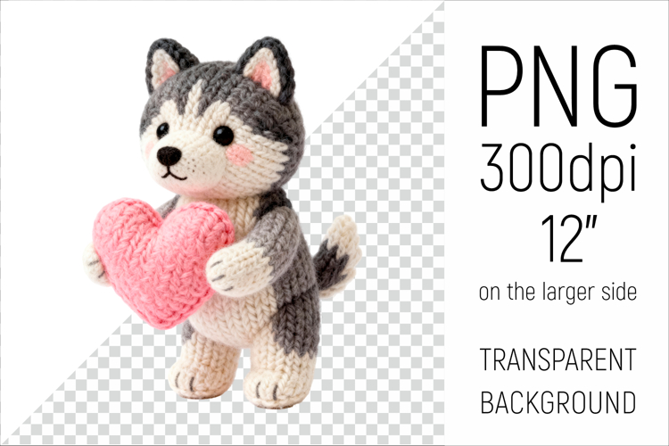 Knitted Valentine Husky Dog with Heart | Amigurumi Clipart