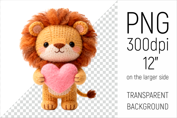 Knitted Valentine Lion with Heart | Amigurumi Lion Clipart