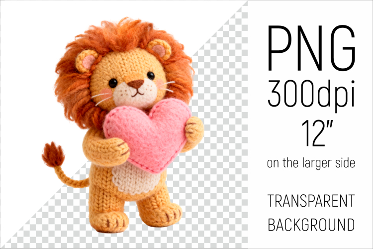 Knitted Valentine Lion with Heart | Amigurumi Lion Clipart