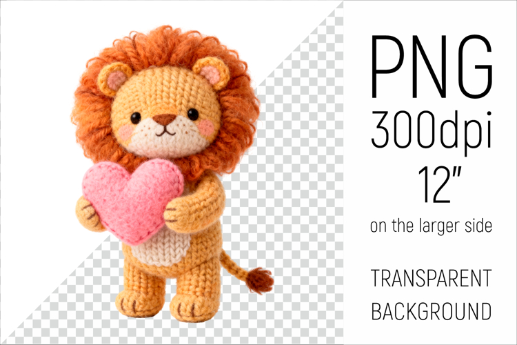 Knitted Valentine Lion with Heart | Amigurumi Lion Clipart