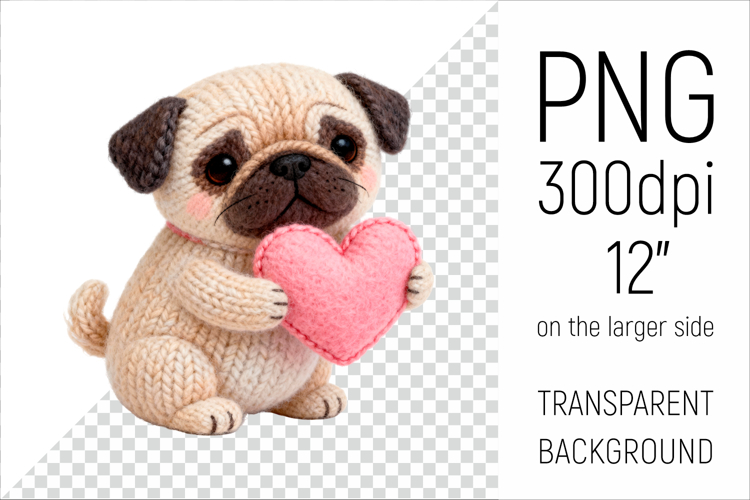 Knitted Valentine Corgi Pug with Heart | Amigurumi Clipart