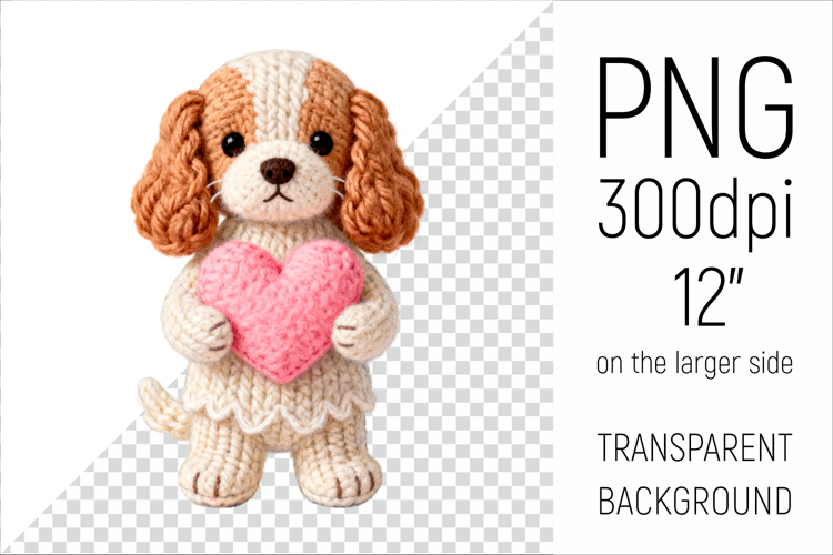 Knitted Valentine Spaniel with Heart | Amigurumi Dog Clipart