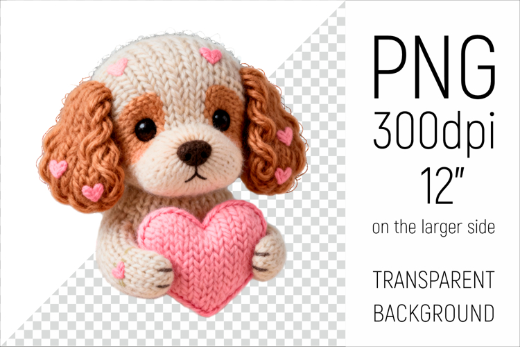 Knitted Valentine Spaniel with Heart | Amigurumi Dog Clipart