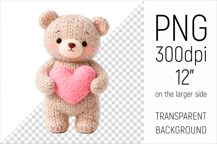 Knitted Valentine Teddy Bear with Heart | Amigurumi Clipart