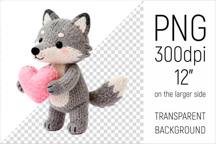 Knitted Valentine Wolf with Heart | Amigurumi Wolf Clipart