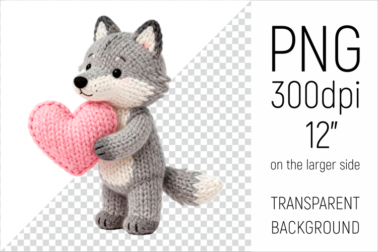 Knitted Valentine Wolf with Heart | Amigurumi Wolf Clipart