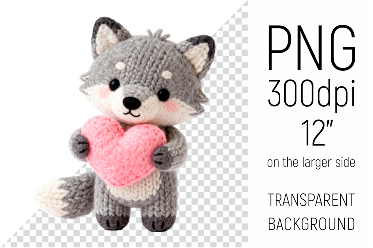 Knitted Valentine Wolf with Heart | Amigurumi Wolf Clipart
