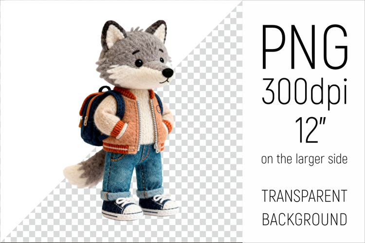 Knitted Wolf with Backpack | Cute School Animal Clipart