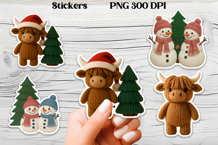 Christmas knitted cow stickers | Knitted Christmas stickers