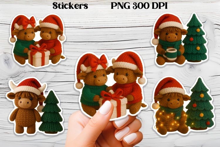 Christmas knitted cow stickers | Knitted Christmas stickers