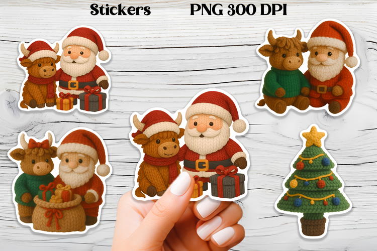 Christmas knitted cow stickers | Knitted Christmas stickers