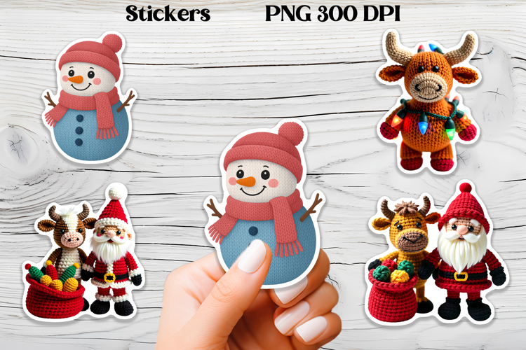 Christmas knitted cow stickers | Knitted Christmas stickers