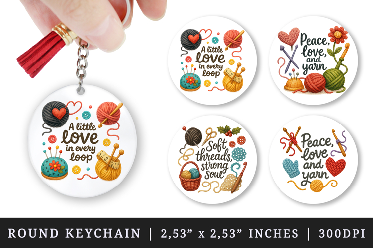 Knitting & Crochet round keychain sublimation design