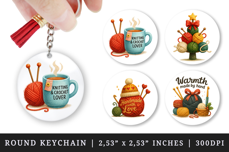 Knitting & Crochet round keychain sublimation design