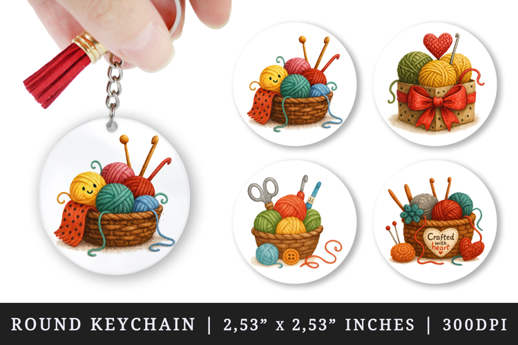 Knitting & Crochet round keychain sublimation design