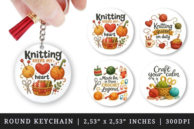Knitting & Crochet round keychain sublimation design