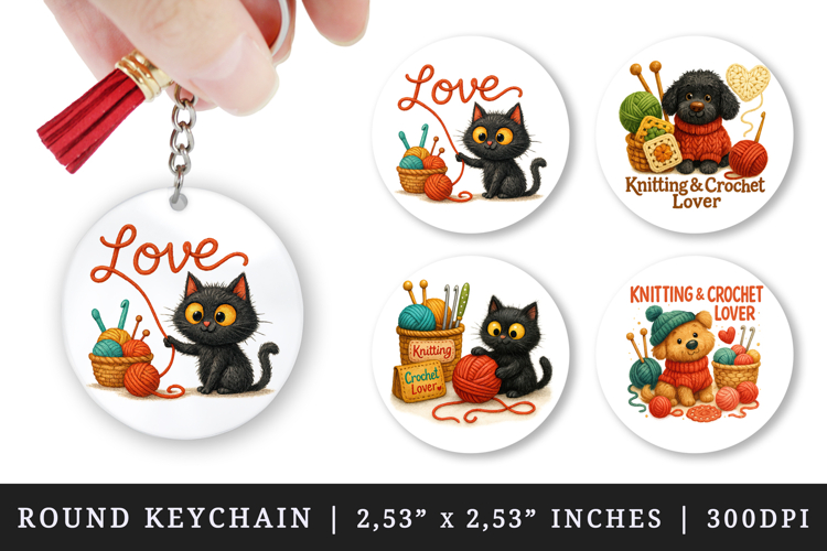 Knitting & Crochet round keychain sublimation design