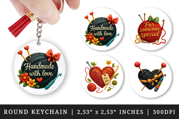 Knitting & Crochet round keychain sublimation design