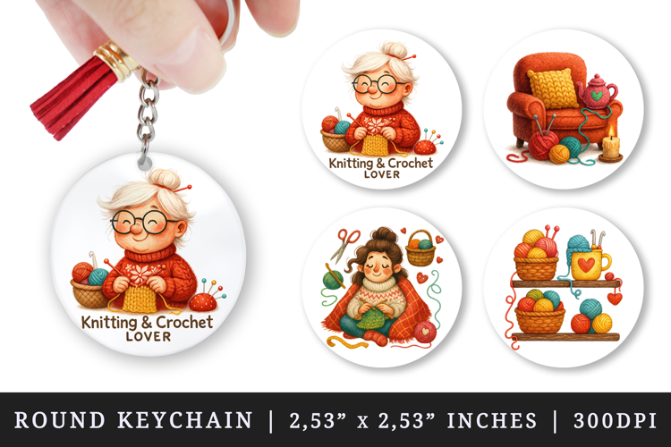 Knitting & Crochet round keychain sublimation design