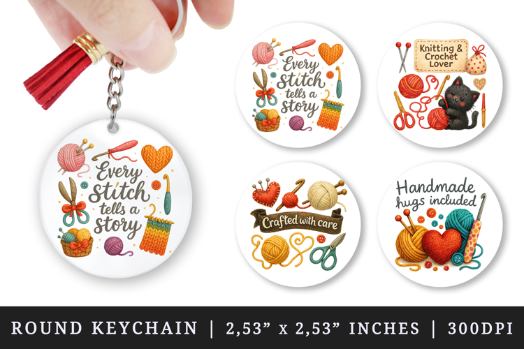 Knitting & Crochet round keychain sublimation design