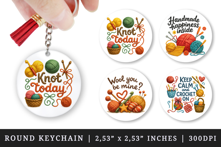 Knitting & Crochet round keychain sublimation design