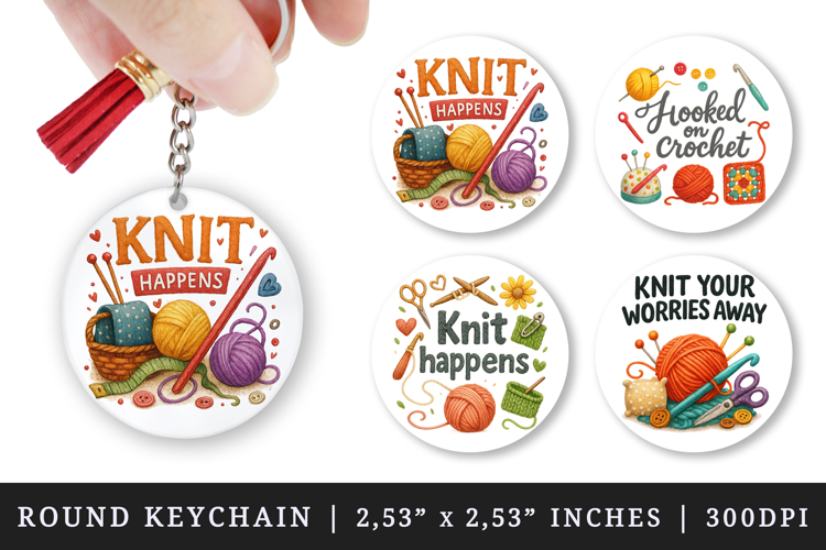 Knitting & Crochet round keychain sublimation design