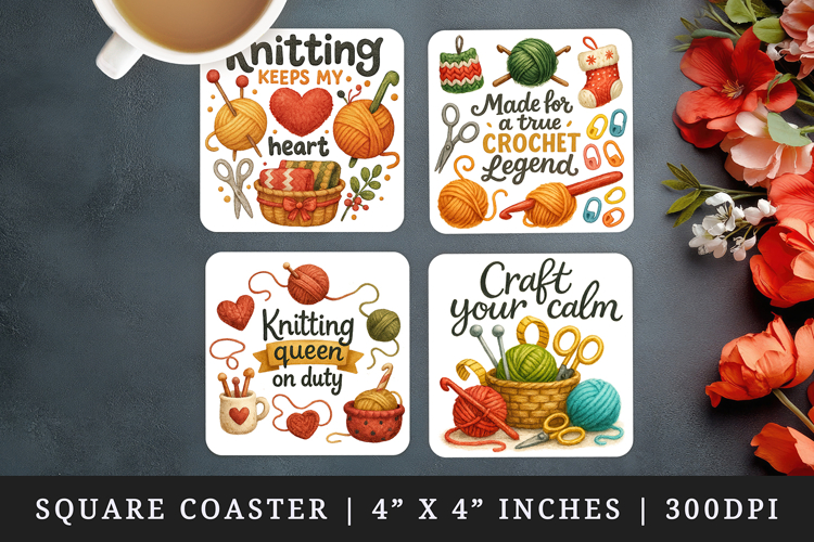 Knitting & Crochet square coaster sublimation design