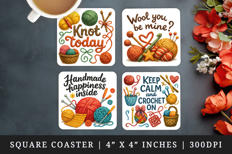 Knitting & Crochet square coaster sublimation design