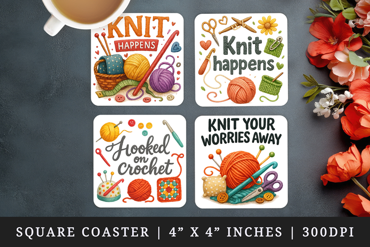 Knitting & Crochet square coaster sublimation design