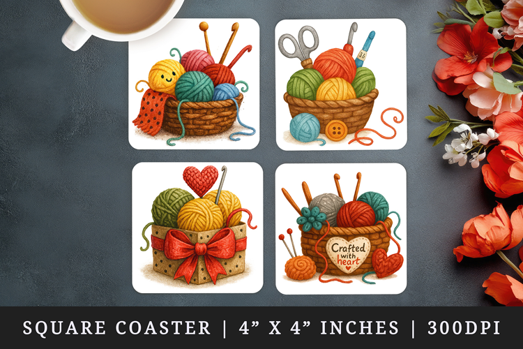 Knitting & Crochet square coaster sublimation design