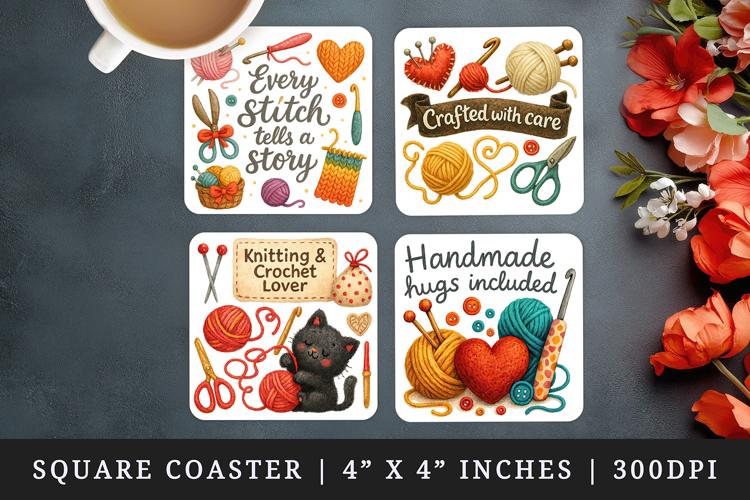 Knitting & Crochet square coaster sublimation design